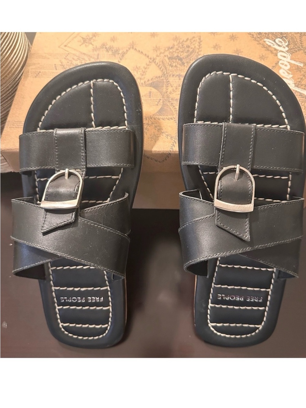 Free People Sloan Black Leather Buckle Slide Sandals